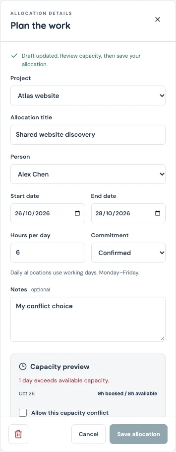 Enlarge a capacity warning showing nine hours booked against eight available