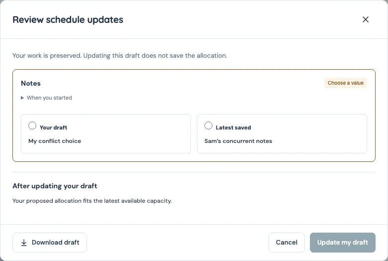 Review schedule updates dialog comparing a local draft with the latest saved allocation